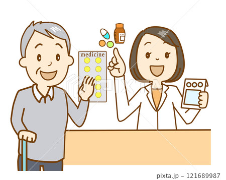 薬剤師が高齢者に薬の説明をする。詳しい説明を聞き理解ができた高齢者 121689987