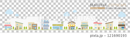 帶有簡單商店和房屋的美麗城市景觀的矢量圖 121690193