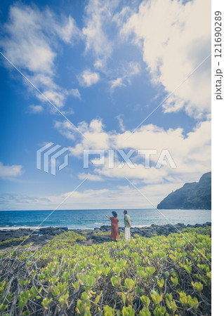 ハワイ東海岸の海辺のパワースポットに立ち、海を眺める老夫婦 121690289