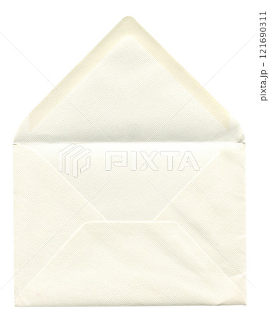 front view of old open aged paper envelope isolated on white 121690311