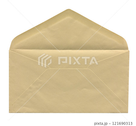 front view of old open aged brown paper long envelope isolated on white front view of old open aged brown paper long envelope isolated on white 121690313