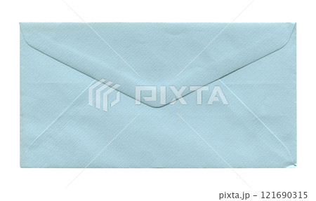 front view of old closed aged light blue paper DL envelope isolated on white front view of old closed aged light blue paper DL envelope isolated on white 121690315