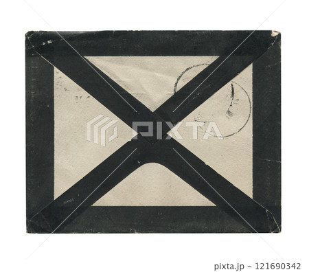front view of old closed aged paper envelope with faded stamp print and black border frame isolated on white front view of old closed aged paper envelope with faded stamp print and black border frame isolated on white 121690342