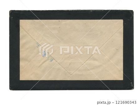 front view of old closed aged paper envelope with black border frame isolated on white 121690343