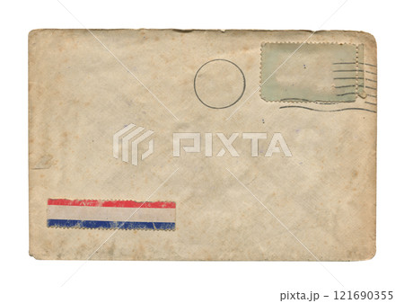 back view of old open aged brown paper airmail envelope with faded stamp print isolated on white back view of old open aged brown paper airmail envelope with faded stamp print isolated on white 121690355