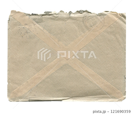 front view of old closed aged paper envelope with wrinkles and torn edges isolated on white 121690359