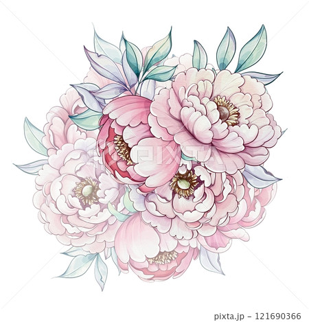 A stunning arrangement of pink peonies displays their lush petals and green leaves, capturing the essence of springs gentle charm and freshness A stunning arrangement of pink peonies displays their lush petals and green leaves, capturing the essence of springs gentle charm and freshness 121690366