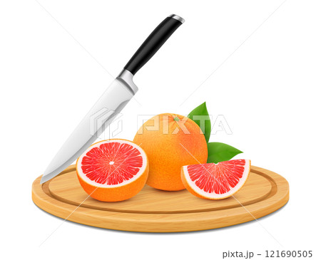 Cutting board with fresh juicy cut grapefruit, isolated on white background. Whole and sliced tasty citrus fruits on a round wooden cutting board with kitchen knife. Realistic 3d vector illustration Cutting board with fresh juicy cut grapefruit, isolated on white background. Whole and sliced tasty citrus fruits on a round wooden cutting board with kitchen knife. Realistic 3d vector illustration 121690505
