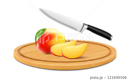 Cutting board with fresh ripe cut mango fruit, isolated on white background. Whole and sliced tasty mango fruits on a round wooden cutting board with kitchen knife. Realistic 3d vector illustration Cutting board with fresh ripe cut mango fruit, isolated on white background. Whole and sliced tasty mango fruits on a round wooden cutting board with kitchen knife. Realistic 3d vector illustration 121690506