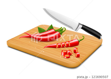 Cutting red chili pepper on the cutting board, isolated on white background. Sliced tasty chili pepper on wooden beech cutting board with knife. Realistic 3d vector illustration 121690507