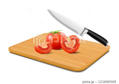 Red tomato slices on cutting board isolated on white background. Sliced tasty tomato on wooden beech cutting board with knife. Realistic 3d vector illustration 121690509