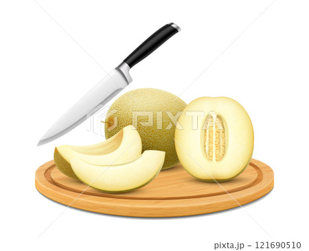Cutting board with ripe melon, isolated on white background. Sliced tasty whole and sliced melon on round wooden cutting board with kitchen knife. Realistic 3d vector illustration 121690510