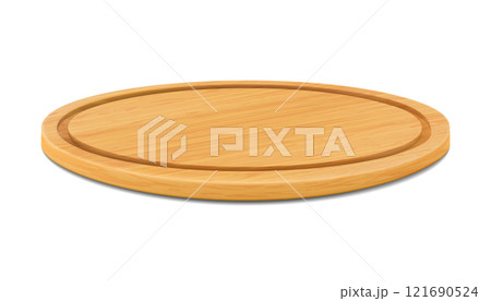 Round wooden beech cutting board or cutting board for pizza isolated on white background. Trays or plate of round shapes, natural, eco-friendly kitchen utensils, realistic 3d vector illustration. 121690524