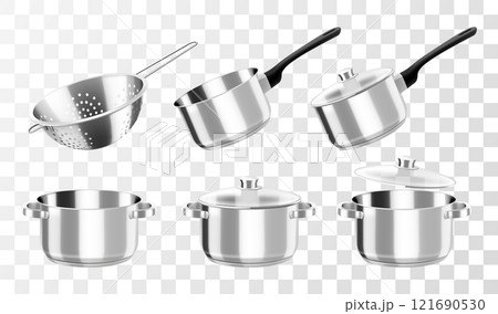 Kitchenware, vector cooking set. Cookware pots or saucepan, and stew pan with lids, ladle and metallic colander for cooking. Isolated on transparent background. Realistic 3d vector illustration Kitchenware, vector cooking set. Cookware pots or saucepan, and stew pan with lids, ladle and metallic colander for cooking. Isolated on transparent background. Realistic 3d vector illustration 121690530
