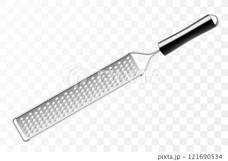 Stainless steel Grater for vegetables or cheese. Kitchen accessories. Tools for cooking. Isolated on white background. For your design. Realistic 3D vector illustration 121690534