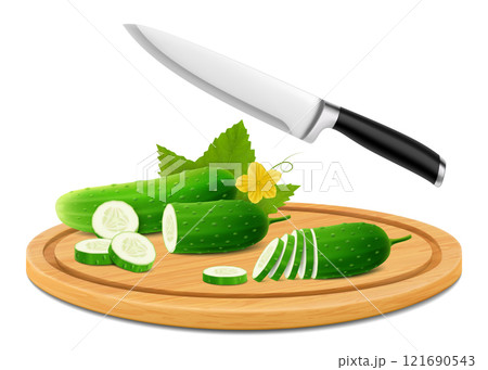 Cutting board with fresh raw cut cucumbers, isolated on white background. Sliced tasty cucumber on a round wooden cutting board with kitchen vegetable knife. Realistic 3d vector illustration 121690543