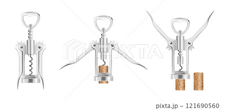 Set of Wine Bottle Opener, isolated on a white background. Corkscrew for alcohol drink bottle. Wooden cork opener stainless tool with twirling unlock gear. Realistic 3d vector illustration Set of Wine Bottle Opener, isolated on a white background. Corkscrew for alcohol drink bottle. Wooden cork opener stainless tool with twirling unlock gear. Realistic 3d vector illustration 121690560