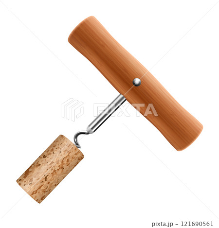 Corkscrew with wooden handle and cork isolated on white background. Close up of wine bottle opener. Realistic 3d vector illustration. Mock up Corkscrew with wooden handle and cork isolated on white background. Close up of wine bottle opener. Realistic 3d vector illustration. Mock up 121690561
