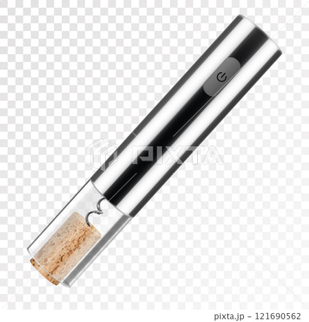 An electronic rechargeable corkscrew with cork, isolated on transparent background. Electronic cordless corkscrew. Gray metal. Realistic 3d vector illustration An electronic rechargeable corkscrew with cork, isolated on transparent background. Electronic cordless corkscrew. Gray metal. Realistic 3d vector illustration 121690562