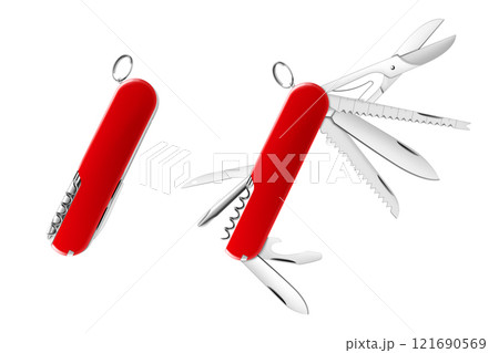 Swiss Army knife or pocket knife isolated on white background. This cutting tool is using the large blade for cutting food, slicing paper, carving wood, or gutting a fish. realistic 3d vector 121690569