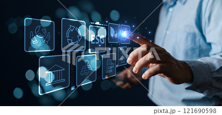 person touch technology icon to save energy,and reduce global warming,ecology friendly investment,ESG environment social governance,nature green Business Innovation and Sustainable Development concept 121690598
