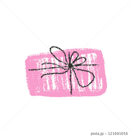 Crayon pink gift box. Scribble style festive present Chalk drawing holiday decorative packaging. Vector illustration isolated on white background 121691058