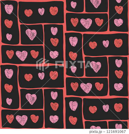 Hearts crayon drawn seamless pattern. Valentines day modular repeat background. Love symbols endless backdrop. Surface pattern design romantic date motif. Vector hand drawn illustration 121691067
