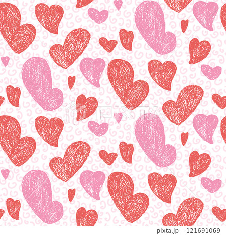 Hearts crayon drawn seamless pattern. Valentines day repeat background painting by pastel. Love symbols endless backdrop. Surface pattern design romantic date motif. Vector hand drawn illustration Hearts crayon drawn seamless pattern. Valentines day repeat background painting by pastel. Love symbols endless backdrop. Surface pattern design romantic date motif. Vector hand drawn illustration 121691069