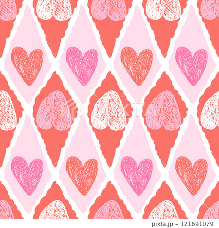Hearts crayon drawn seamless pattern on rhombus doodle frames. Valentines day repeat background. Love symbols endless backdrop. Surface pattern design romantic date motif. Vector hand drawn cover 121691079