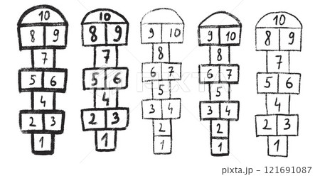 Hopscotch games set isolated on white background. Children playground outdoor entertainment. Vector chalk drawn illustration 121691087