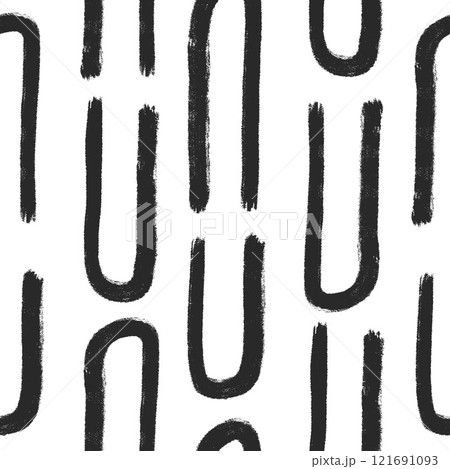 Irregular lines seamless pattern. Curved grunge stroke endless background. Wavy black brush ink repeat cover. Tribal continuous ornament. Surface pattern monochrome. Vector hand drawn illustration 121691093