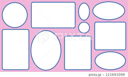 Scallop edged frame templates set. Oval and rectangle shapes. Geometry borders with perforation. Label textboxes Lace frill pack. Trendy blocks blank layout. Vector flat illustration. Scallop edged frame templates set. Oval and rectangle shapes. Geometry borders with perforation. Label textboxes Lace frill pack. Trendy blocks blank layout. Vector flat illustration. 121691099
