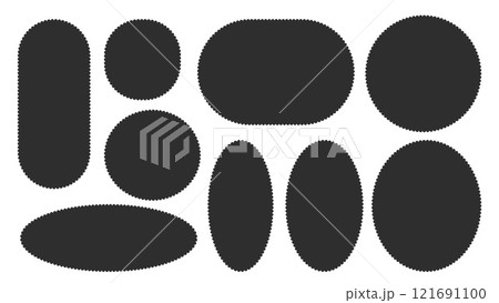 Scallop edged frame templates set. Oval and rectangle shapes. Geometry borders with perforation. Label textboxes Lace frill pack. Trendy blocks blank layout. Vector flat illustration. Scallop edged frame templates set. Oval and rectangle shapes. Geometry borders with perforation. Label textboxes Lace frill pack. Trendy blocks blank layout. Vector flat illustration. 121691100