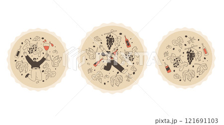Wine club emblems set. Woman with wine bottle on round stamp. Tasting event circular perforated edges label. Party with alcohol drinks. Person visit a vineyard. Vector hand drawn doodle illustration 121691103