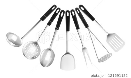 Set of kitchen cooking utensils such as soup ladles and slotted spoons, kitchen Spatula, Potato Masher, Skimmer Spoon, meat fork, 3d realistic mockup vector illustration isolated on white background. Set of kitchen cooking utensils such as soup ladles and slotted spoons, kitchen Spatula, Potato Masher, Skimmer Spoon, meat fork, 3d realistic mockup vector illustration isolated on white background. 121691122