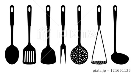 Set of soup ladle and slotted spoon, kitchen Spatula, Potato Masher, Skimmer Spoon, meat fork, large spoon, silhouettes of kitchen utensils, isolated on white background. Vector flat design 121691123