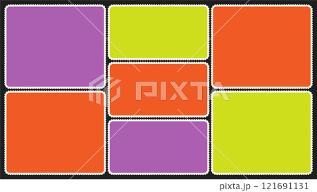 Scallop edged frame templates set. Bento collage grid shapes. Geometry modular moodboard borders with perforation. Label textboxes Lace frill pack. Vector flat illustration. 121691131