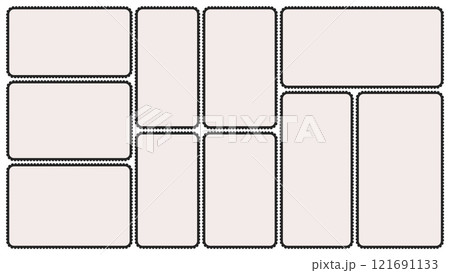 Scallop edged frame template. Bento collage grid shapes. Geometry modular moodboard borders with perforation. Label textboxes Lace frill pack. Trendy blocks blank layout. Vector flat illustration. 121691133