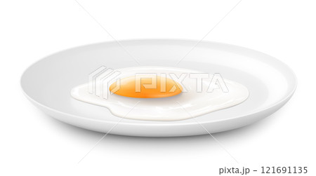 Plate with delicious fried egg, isolated on white background. Realistic 3D vector illustration. delicious breakfast, side view 121691135