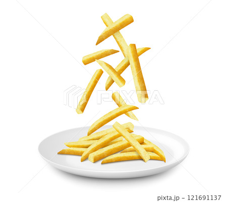 Crispy crunchy tasty French fries. Junk food for restaurant menu. Fried potatoes unhealthy fast food. Realistic 3D vector illustration. French fries falling on a white ceramic plate 121691137