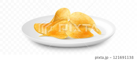 Potato chips on white ceramic plate isolated on white background. Junk food for restaurant menu. Fried potatoes unhealthy fast food. Realistic 3D vector illustration. 121691138
