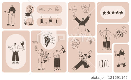 Wine drink people on bento grid box background. Tasting event on modular mosaic grid. Party with alcohol drinks. Women and men with wineglasses visit a vineyard. Geometric vector doodle illustration 121691145