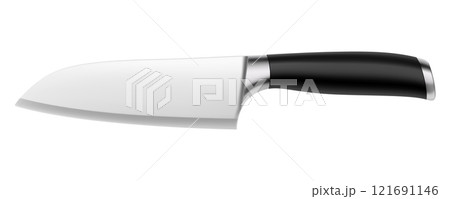 A large Chef's knife with a black handle isolated on a white background. Knife with steel a wide sharp blade. Top view. Kitchenware. Realistic 3D vector illustration. Mock up. 121691146