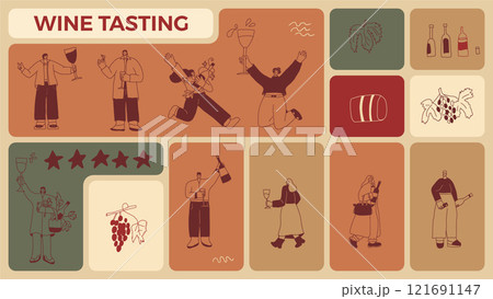 Wine tasting people on bento grid box background. Cellar event on modular mosaic grid. Party with alcohol drinks. Women and men with wineglasses visit a vineyard. Geometric vector doodle illustration 121691147