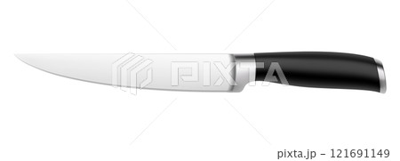 Chef's kitchen knife with black handle isolated on white background with clipping path. Steak knife curved. Top view. Kitchenware. Realistic 3D vector illustration. Mock up. 121691149