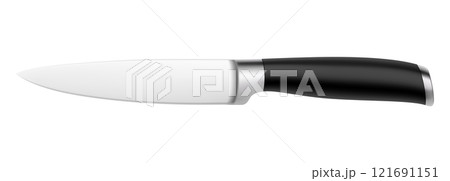 Chef's kitchen vegetable knife with black handle isolated on white background with clipping path. Knife with steel sharp blade. Top view. Kitchenware. Realistic 3D vector illustration. Mock up. 121691151