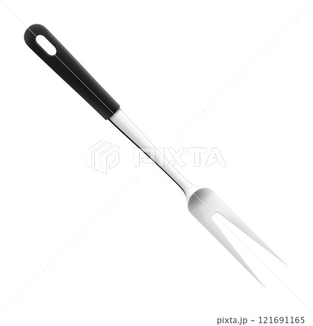 Meat fork isolated on a white background. Barbecue fork, Stainless Steel Carving Fork with black handle. Realistic 3D vector illustration. Kitchen utensils for cooking, tableware Meat fork isolated on a white background. Barbecue fork, Stainless Steel Carving Fork with black handle. Realistic 3D vector illustration. Kitchen utensils for cooking, tableware 121691165