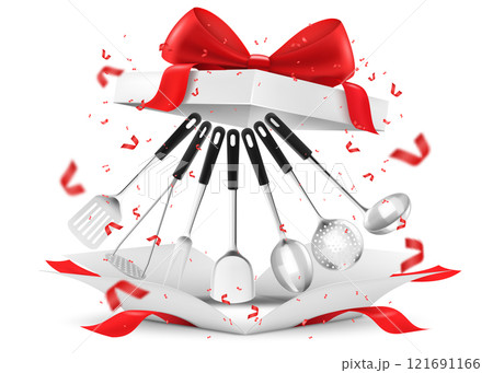 Set of kitchen cooking utensils in an open gift box. Soup ladles, kitchen Spatula, Potato Masher, Skimmer Spoon, meat fork, 3d realistic mockup vector illustration isolated on white background. 121691166