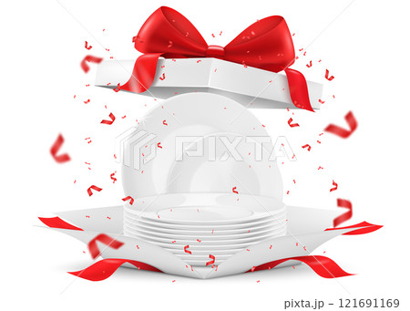 Shiny dishes and porcelain kitchen dinner plates in an open gift box. Present concept. isolated on white background. realistic 3d vector illustration. Advertising banner for kitchen dishes, utensils Shiny dishes and porcelain kitchen dinner plates in an open gift box. Present concept. isolated on white background. realistic 3d vector illustration. Advertising banner for kitchen dishes, utensils 121691169
