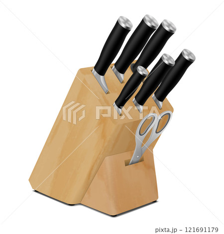 Knifes and kitchen scissors in a wooden stand. Hardened steel: chef knife, versatile and for slicing fruits and vegetables. For restaurants, cafes and home cooking. realistic 3d vector illustration. Knifes and kitchen scissors in a wooden stand. Hardened steel: chef knife, versatile and for slicing fruits and vegetables. For restaurants, cafes and home cooking. realistic 3d vector illustration. 121691179